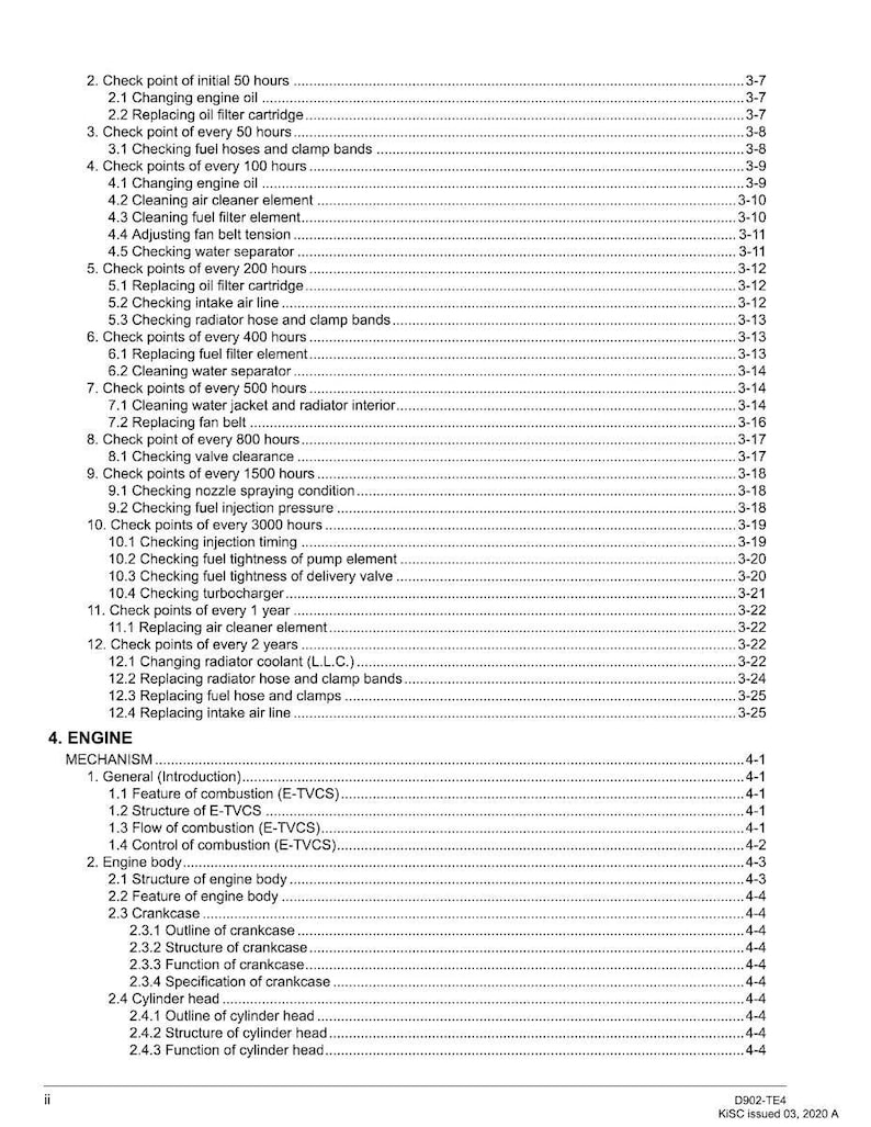 May include: A detailed table of contents from a manual, with black text on a white background. The document lists maintenance checks for an engine, including oil changes, filter replacements, and other inspections.
