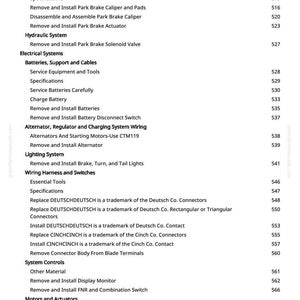 May include: A page from a manual detailing automotive repair procedures. Sections include Park Brake, Hydraulic System, Electrical Systems, and Wiring Harness and Switches. The page lists various procedures with page numbers.