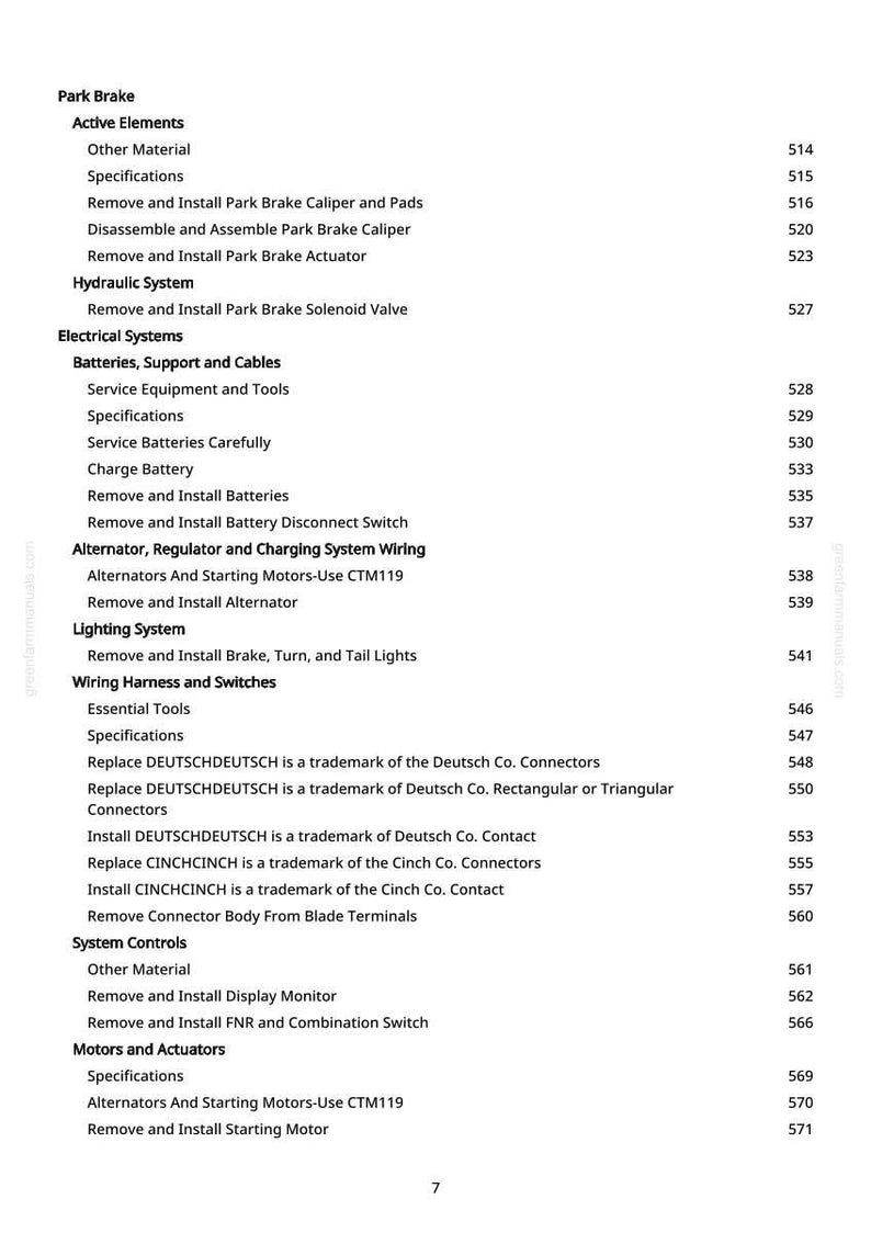 May include: A page from a manual detailing automotive repair procedures. Sections include Park Brake, Hydraulic System, Electrical Systems, and Wiring Harness and Switches. The page lists various procedures with page numbers.