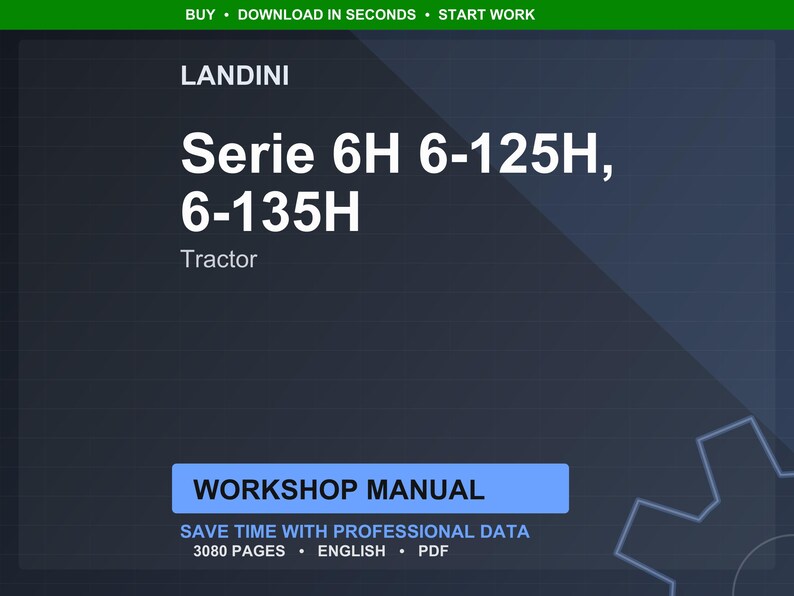 Puede incluir: Manual de taller digital para tractores Landini Serie 6H, modelos 6-125H y 6-135H. La portada presenta el logotipo de Landini y la informaci&oacute;n del modelo del tractor en texto blanco sobre un fondo azul oscuro. El manual incluye 3080 p&aacute;ginas de datos profesionales.