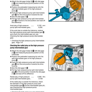 May include: Diagram from a manual showing engine components with a dial gauge. The image includes a gear, a dial gauge holder, and measuring tips. Text explains how to check the axial and radial play of the high-pressure pump intermediate gear.