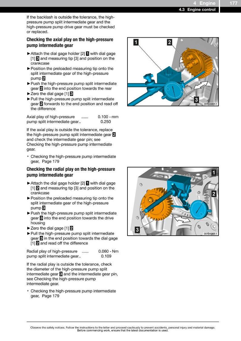 May include: Diagram from a manual showing engine components with a dial gauge. The image includes a gear, a dial gauge holder, and measuring tips. Text explains how to check the axial and radial play of the high-pressure pump intermediate gear.