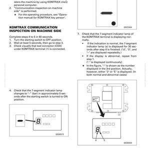 K&ouml;nnte beinhalten: Eine technische Zeichnung mit Anweisungen zur Bedienung eines KOMTRAX-Terminals. Das Bild enth&auml;lt Schritte zum Starten der Maschine, zum &Uuml;berpr&uuml;fen der Kontrollleuchten und zur Fehlerbehebung. Das Display zeigt eine 7-Segment-Anzeige mit der Zahl 8.