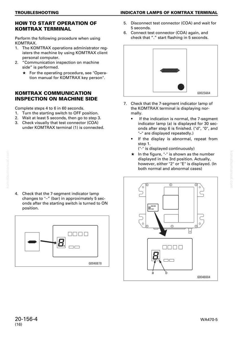 K&ouml;nnte beinhalten: Eine technische Zeichnung mit Anweisungen zur Bedienung eines KOMTRAX-Terminals. Das Bild enth&auml;lt Schritte zum Starten der Maschine, zum &Uuml;berpr&uuml;fen der Kontrollleuchten und zur Fehlerbehebung. Das Display zeigt eine 7-Segment-Anzeige mit der Zahl 8.