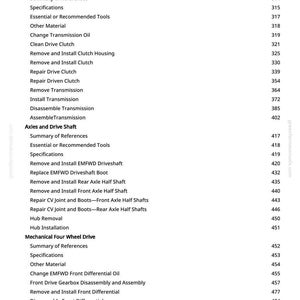 May include: A page from a manual with a table of contents for power train repair, transmission, axles, drive shaft, and mechanical four-wheel drive. The text includes section titles and page numbers.