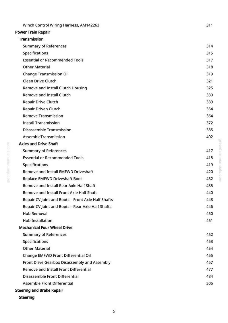 May include: A page from a manual with a table of contents for power train repair, transmission, axles, drive shaft, and mechanical four-wheel drive. The text includes section titles and page numbers.