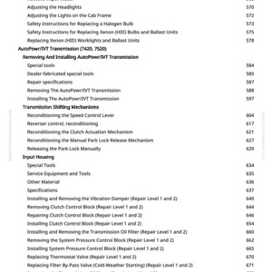 Peut inclure: Une page de manuel avec une liste de proc&eacute;dures de r&eacute;paration automobile, notamment les circuits &eacute;lectriques, les composants de transmission et les t&acirc;ches d'entretien du moteur. Texte noir sur fond blanc.