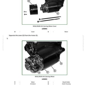May include: Diagram of a starting motor with labelled components, including the cover, motor, armature, brush holder, and clutch housing. The image includes the text "MXAL39438-UN: Starting Motor Cover" and "MXAL39439-UN: Starting Motor".