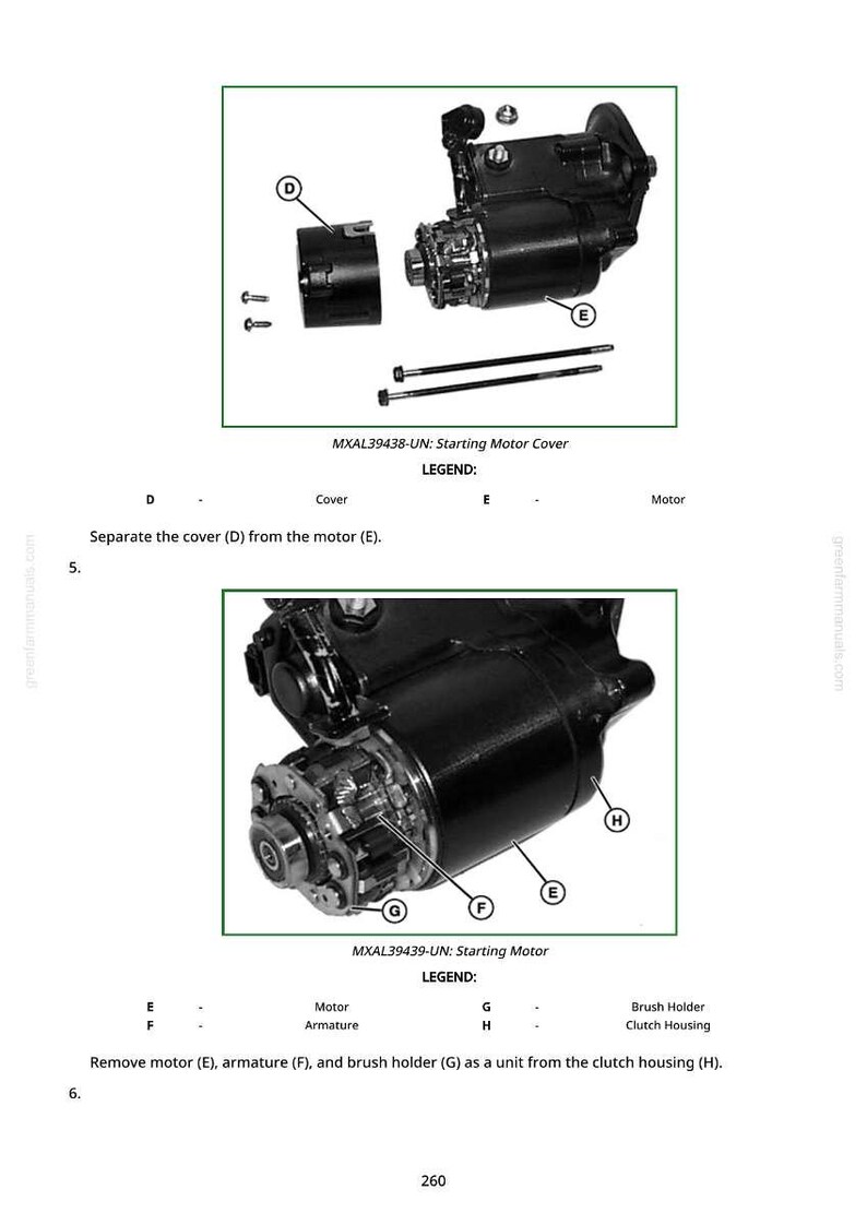 May include: Diagram of a starting motor with labelled components, including the cover, motor, armature, brush holder, and clutch housing. The image includes the text "MXAL39438-UN: Starting Motor Cover" and "MXAL39439-UN: Starting Motor".