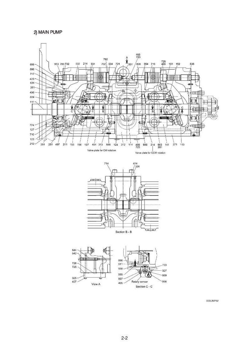 May include: Technical diagram of a main pump, featuring detailed component illustrations and numerical labels. The black and white drawing includes cross-sections and annotations, with text indicating sections and views.