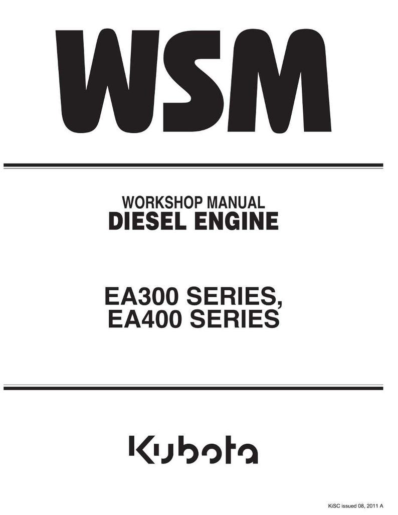 May include: A white manual with black text. The title "WSM" is at the top, followed by "WORKSHOP MANUAL DIESEL ENGINE." Below, it reads "EA300 SERIES, EA400 SERIES." The Kubota logo is at the bottom.