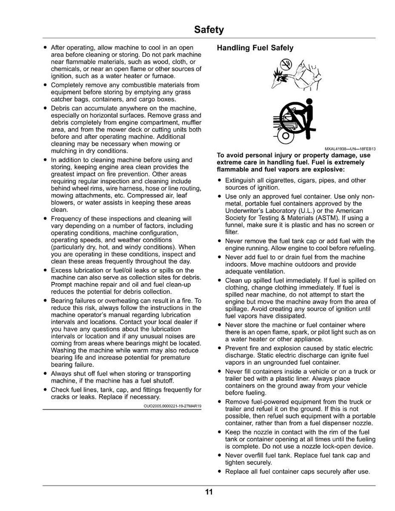 May include: A safety manual page with text and illustrations. The page details safety guidelines for handling fuel and operating machinery, including fire prevention and proper storage procedures.