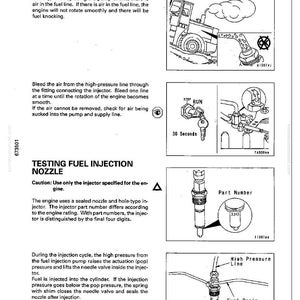 May include: Diagram of fuel injection nozzle testing, with illustrations of components like a fuel injector, high-pressure line, and fuel drain manifold. Includes text about the testing process and part numbers.