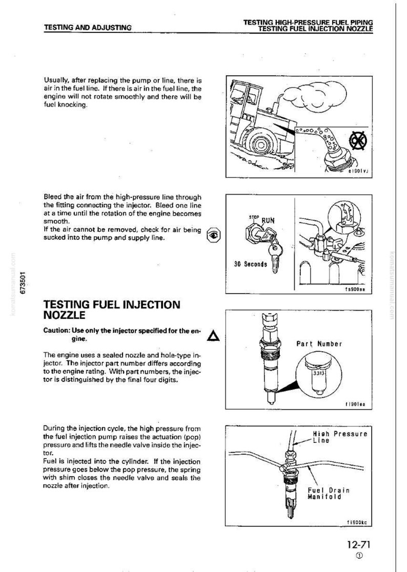 May include: Diagram of fuel injection nozzle testing, with illustrations of components like a fuel injector, high-pressure line, and fuel drain manifold. Includes text about the testing process and part numbers.