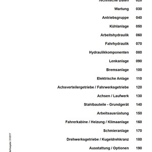 Puede incluir: Un documento blanco titulado "Servicehandbuch" con una lista de secciones t&eacute;cnicas. Las secciones incluyen "Einleitung", "Technische Daten", "Wartung" y "Antriebsgruppe". El documento es de LIEBHERR.