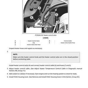 May include: Diagram of a car's heater control valve installation. The image shows the valve, hoses, and control cable, with labels A, B, C, D, and E. Text instructions are included, with a note about the closed position.