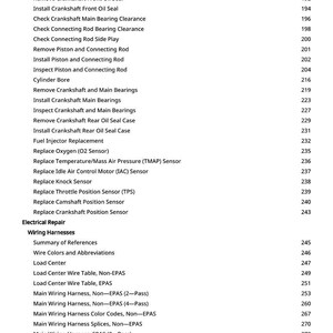 May include: A page from a manual with a list of automotive repair procedures, including "Remove Oil Pump," "Install Crankshaft Front Oil Seal," and "Replace Oxygen (O2 Sensor)." The page numbers are listed on the right.