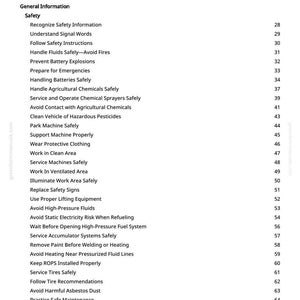 May include: A page from a manual titled "Table of Contents." The document lists safety topics such as handling fluids, preventing explosions, and safe maintenance practices. The page is white with black text.