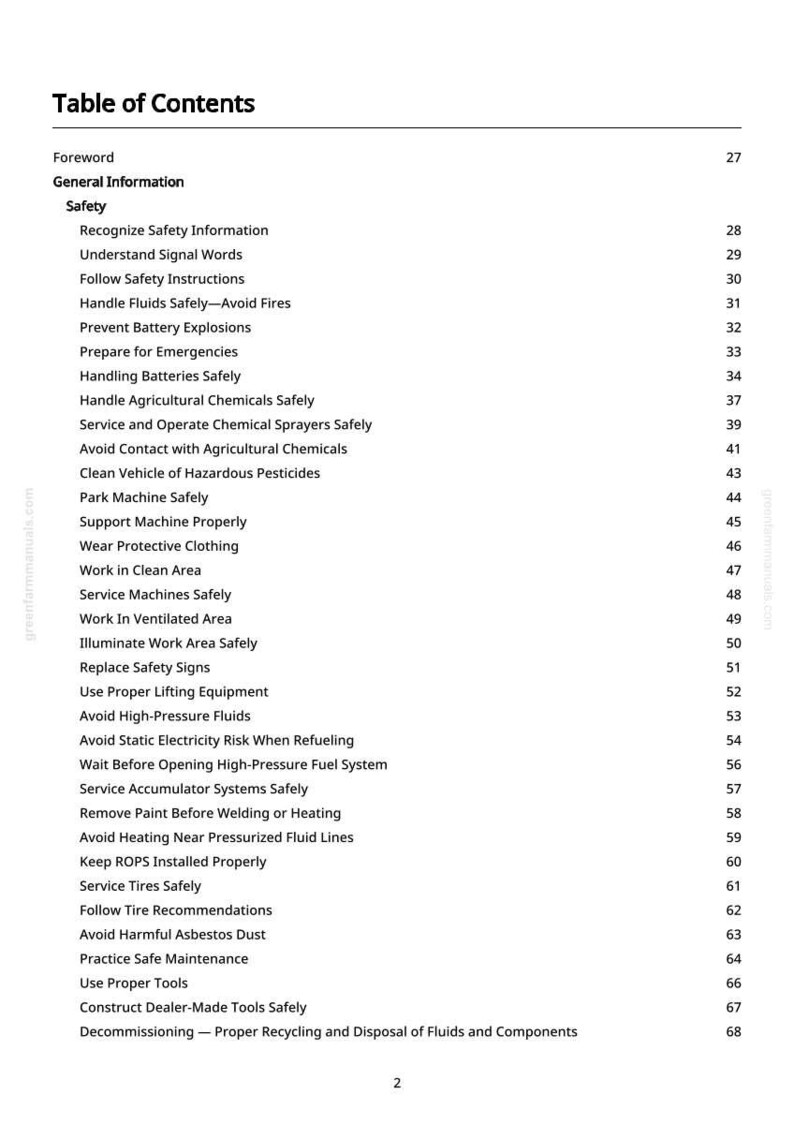 May include: A page from a manual titled "Table of Contents." The document lists safety topics such as handling fluids, preventing explosions, and safe maintenance practices. The page is white with black text.