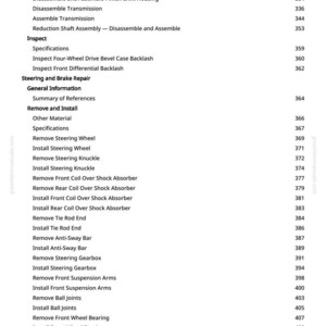 May include: A page from a manual with a list of automotive repair procedures, including disassembly, assembly, and inspection of various components like the steering wheel, suspension, and brakes. The page includes a table of contents with page numbers.