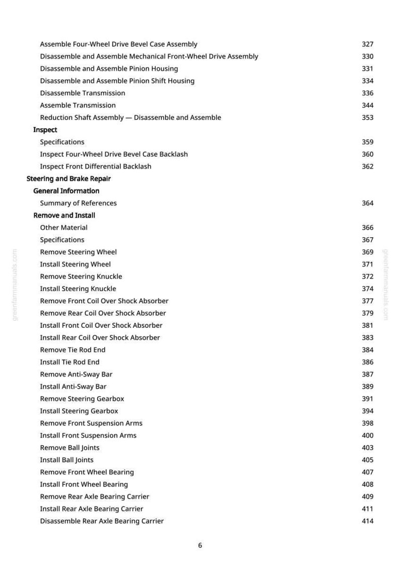 May include: A page from a manual with a list of automotive repair procedures, including disassembly, assembly, and inspection of various components like the steering wheel, suspension, and brakes. The page includes a table of contents with page numbers.