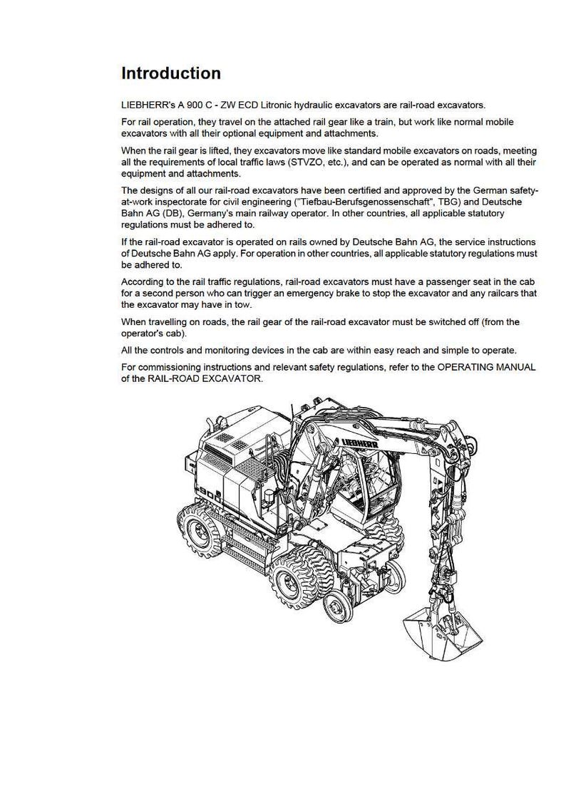 Może przedstawiać: Czarno-biały rysunek techniczny koparki szynowej LIEBHERR A 900 C-ZW ECD Litronic. Koparka posiada kabinę, koła i ramię kopiące z łyżką. U g&oacute;ry znajduje się tekst "Introduction".