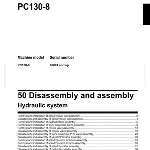 May include: Shop manual for a hydraulic excavator, model PC130-8. The document includes sections on disassembly and assembly of the hydraulic system, with a detailed table of contents. The Komatsu logo is at the bottom.