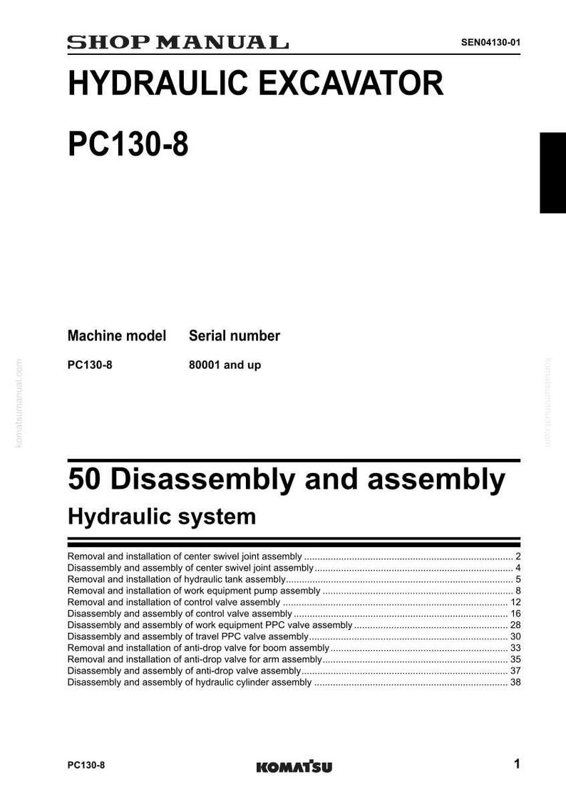 May include: Shop manual for a hydraulic excavator, model PC130-8. The document includes sections on disassembly and assembly of the hydraulic system, with a detailed table of contents. The Komatsu logo is at the bottom.