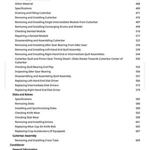 May include: A white page with a detailed table of contents for cutterbar repair and maintenance. The text includes sections on removing and installing parts, checking wear, and diagnosing malfunctions. The page number is 7.