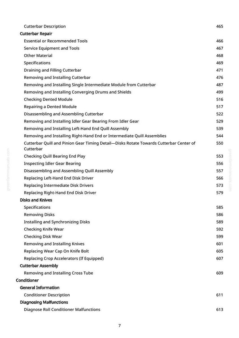 May include: A white page with a detailed table of contents for cutterbar repair and maintenance. The text includes sections on removing and installing parts, checking wear, and diagnosing malfunctions. The page number is 7.