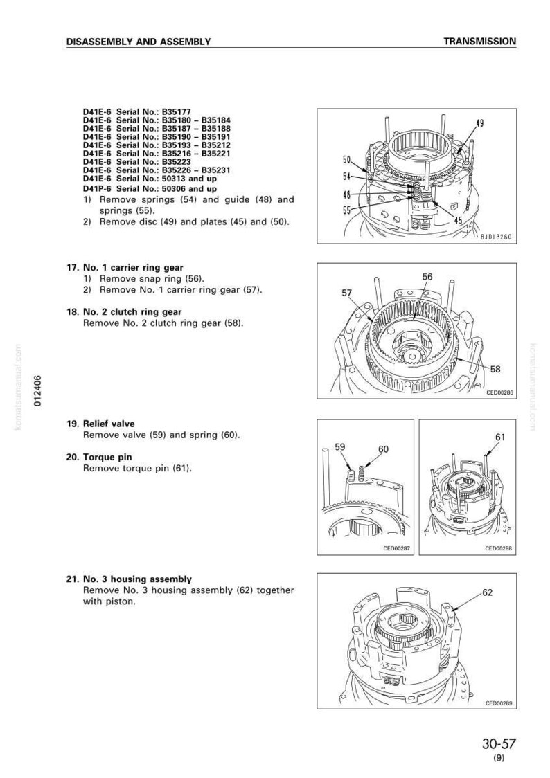 May include: Diagram of a transmission assembly with detailed illustrations and labels. Includes exploded views of components like springs, gears, and pins, with serial numbers and part numbers for reference. The text reads "Disassembly and Assembly".