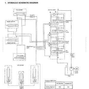 Op de afbeelding: Een zwart-wit schematische weergave van een hydraulisch systeem, met gelabelde componenten zoals cilinders, kleppen en een pompmotor. Het diagram bevat tekstlabels en lijnen om de functionaliteit te illustreren.