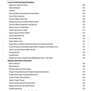 Puede incluir: Una p&aacute;gina de manual con una lista de temas relacionados con la maquinaria agr&iacute;cola, incluyendo mecanismos de medici&oacute;n de semillas al vac&iacute;o y unidades de plantaci&oacute;n. El texto es negro sobre fondo blanco.