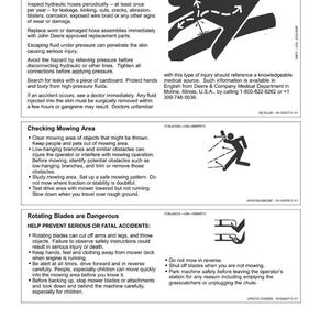 May include: Safety instructions for a lawn mower, including warnings about high-pressure fluids, mowing area checks, and the dangers of rotating blades. Includes diagrams and contact information for medical assistance.