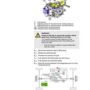 May include: Diagram of a Fendt Cargo T955 Telehandler, detailing the hydraulic system and adjustment instructions. Includes safety warnings and procedures for forward travel working pressure. Text includes "Complete overview of vehicle".