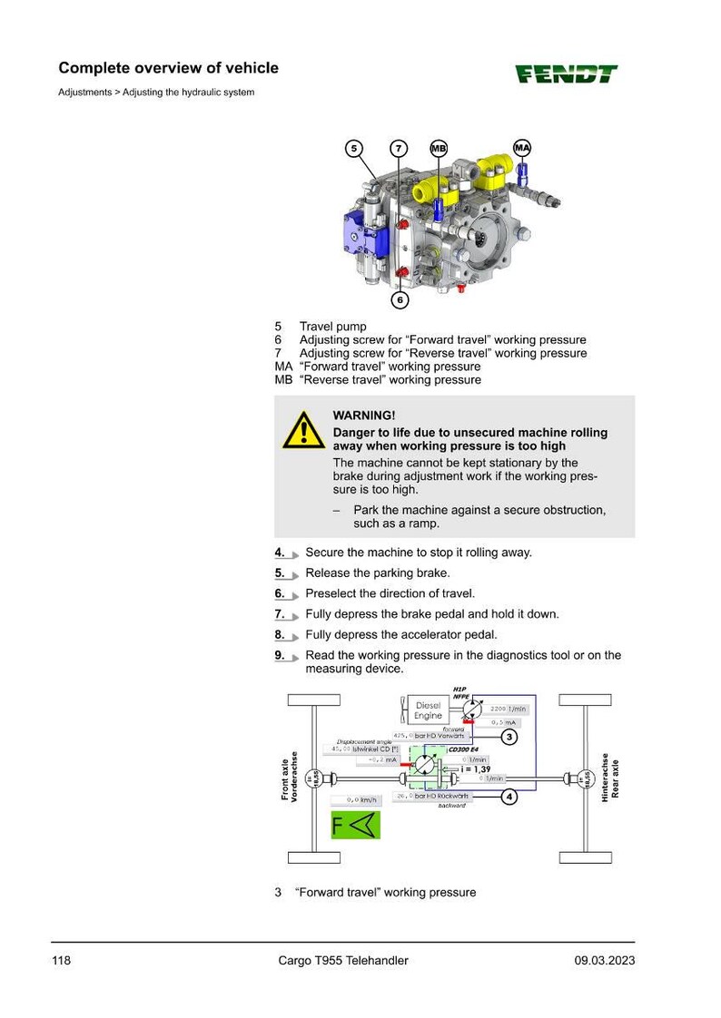 May include: Diagram of a Fendt Cargo T955 Telehandler, detailing the hydraulic system and adjustment instructions. Includes safety warnings and procedures for forward travel working pressure. Text includes "Complete overview of vehicle".
