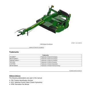 Op de afbeelding: Een groene C350 Mower-Conditioner, een landbouwmachine, wordt getoond in een productweergave. De afbeelding bevat een lijst met handelsmerken en afkortingen, zoals PIN en RPM, uit de handleiding.