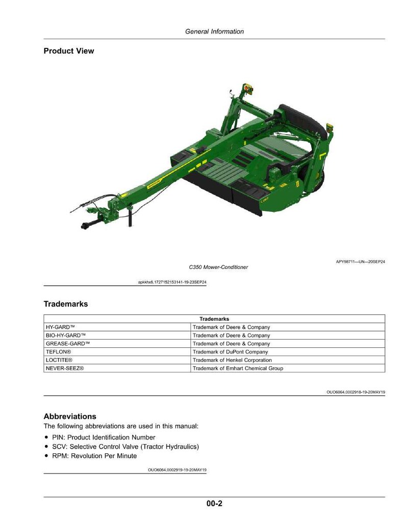 Op de afbeelding: Een groene C350 Mower-Conditioner, een landbouwmachine, wordt getoond in een productweergave. De afbeelding bevat een lijst met handelsmerken en afkortingen, zoals PIN en RPM, uit de handleiding.