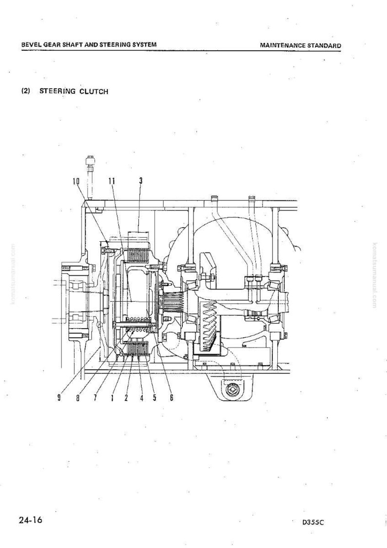 May include: Diagram of a steering clutch system, labeled with numbers and text. The diagram includes a bevel gear shaft, maintenance standard, and the text "STEERING CLUTCH". The image is a technical drawing with various mechanical components.