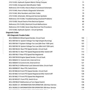 May include: A page from a manual with a table of contents, including references, diagnostic codes, and BCU diagnostic trouble codes. The text is in black font on a white background, with page numbers on the right.