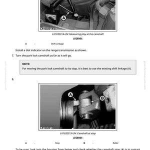 May include: Technical diagram showing camshaft components with labels A and B. Text includes instructions for measuring play and checking the camshaft stop. The image is from a greenfarmmanuals.com document.