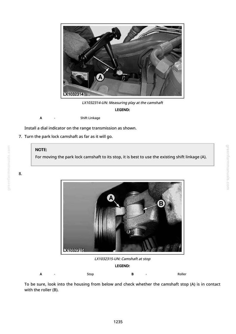 May include: Technical diagram showing camshaft components with labels A and B. Text includes instructions for measuring play and checking the camshaft stop. The image is from a greenfarmmanuals.com document.
