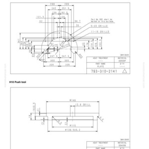 May include: Technical drawings of special tools for disassembly and assembly. The top diagram shows an H9 plate with measurements in millimeters. The bottom diagram depicts an H10 push tool, also with measurements in millimeters. Includes part numbers and material information.