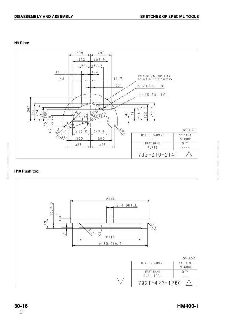 May include: Technical drawings of special tools for disassembly and assembly. The top diagram shows an H9 plate with measurements in millimeters. The bottom diagram depicts an H10 push tool, also with measurements in millimeters. Includes part numbers and material information.