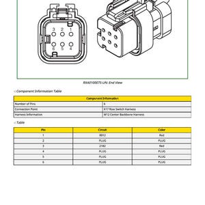 Puede incluir: Diagrama t&eacute;cnico de un conector el&eacute;ctrico, con un dise&ntilde;o rectangular con seis orificios para pines y un mecanismo de bloqueo. Incluye una tabla de informaci&oacute;n de componentes y una tabla detallando pin, circuito y color.