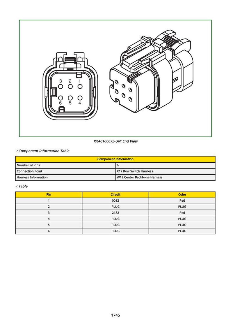 Puede incluir: Diagrama t&eacute;cnico de un conector el&eacute;ctrico, con un dise&ntilde;o rectangular con seis orificios para pines y un mecanismo de bloqueo. Incluye una tabla de informaci&oacute;n de componentes y una tabla detallando pin, circuito y color.