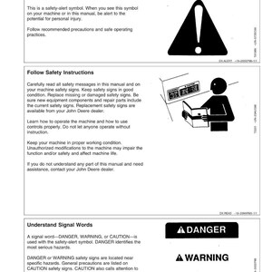 May include: A white and black safety manual page with the title "Safety". The page includes safety instructions, signal words, and safety alert symbols. The manual provides information on recognizing safety information and following safety instructions.