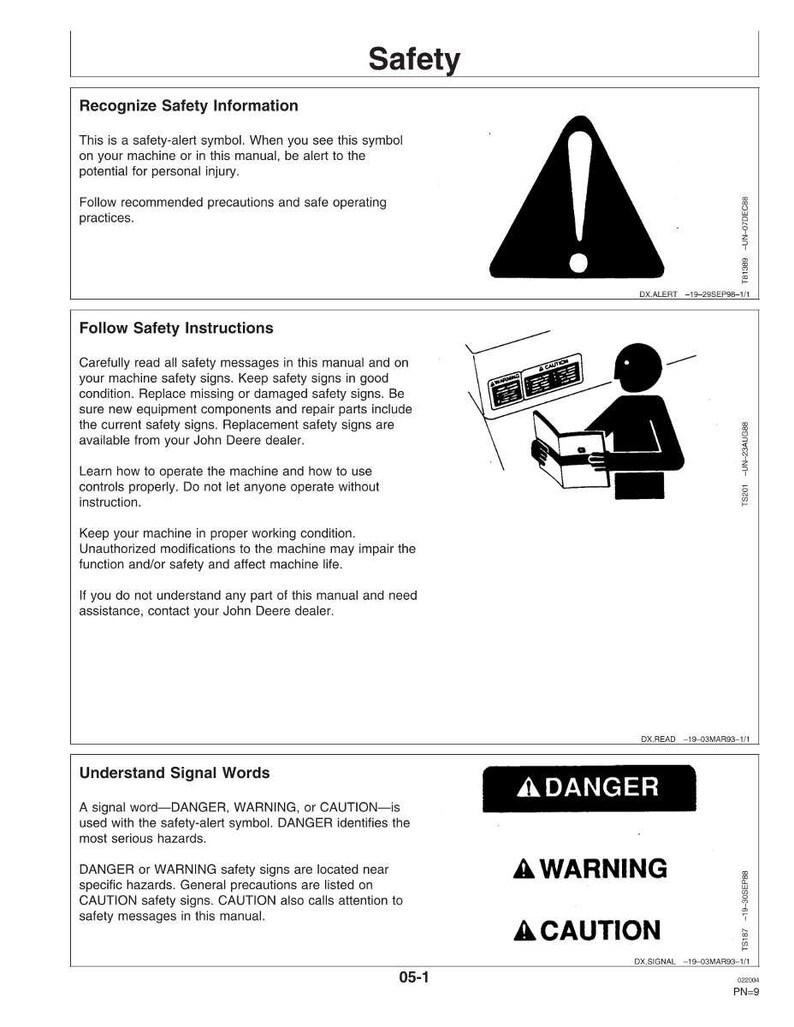 May include: A white and black safety manual page with the title "Safety". The page includes safety instructions, signal words, and safety alert symbols. The manual provides information on recognizing safety information and following safety instructions.