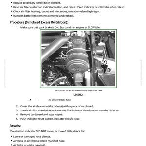 May include: Diagram of an engine component with an air filter and related parts. The image includes text instructions for testing the air restriction indicator, with labels and steps for troubleshooting.