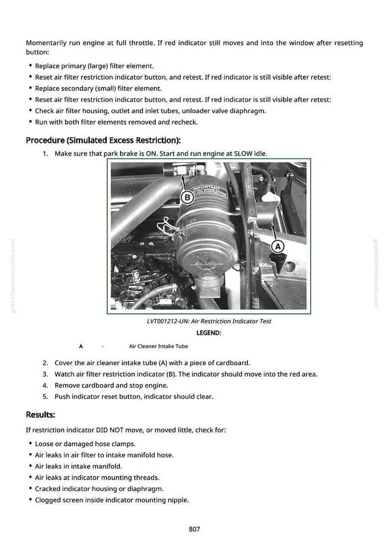 May include: Diagram of an engine component with an air filter and related parts. The image includes text instructions for testing the air restriction indicator, with labels and steps for troubleshooting.